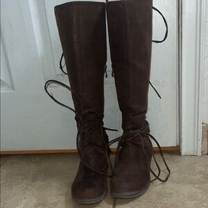 Very Volatile Dark Brown Lace Up Knee-High Boots